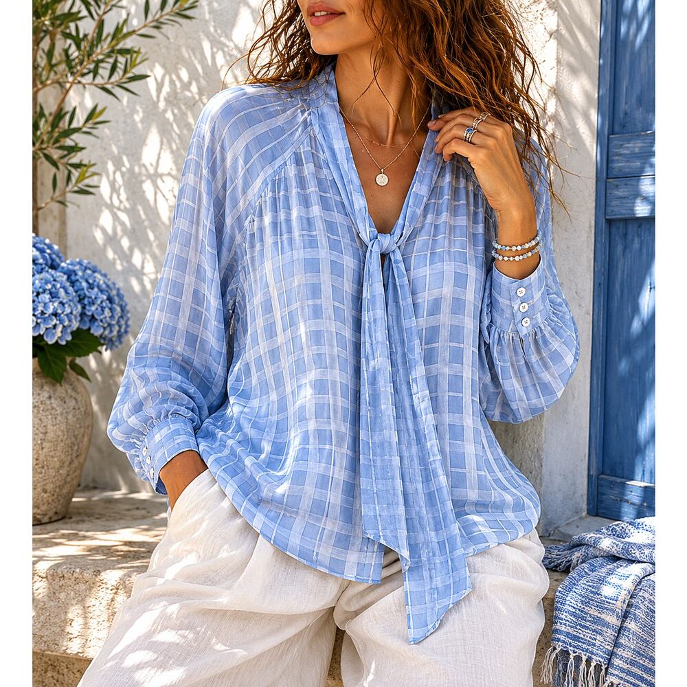PEARL by Lela Rose XL Blue Tie Neck Blouse NWOT Lagenlook Luxury USA